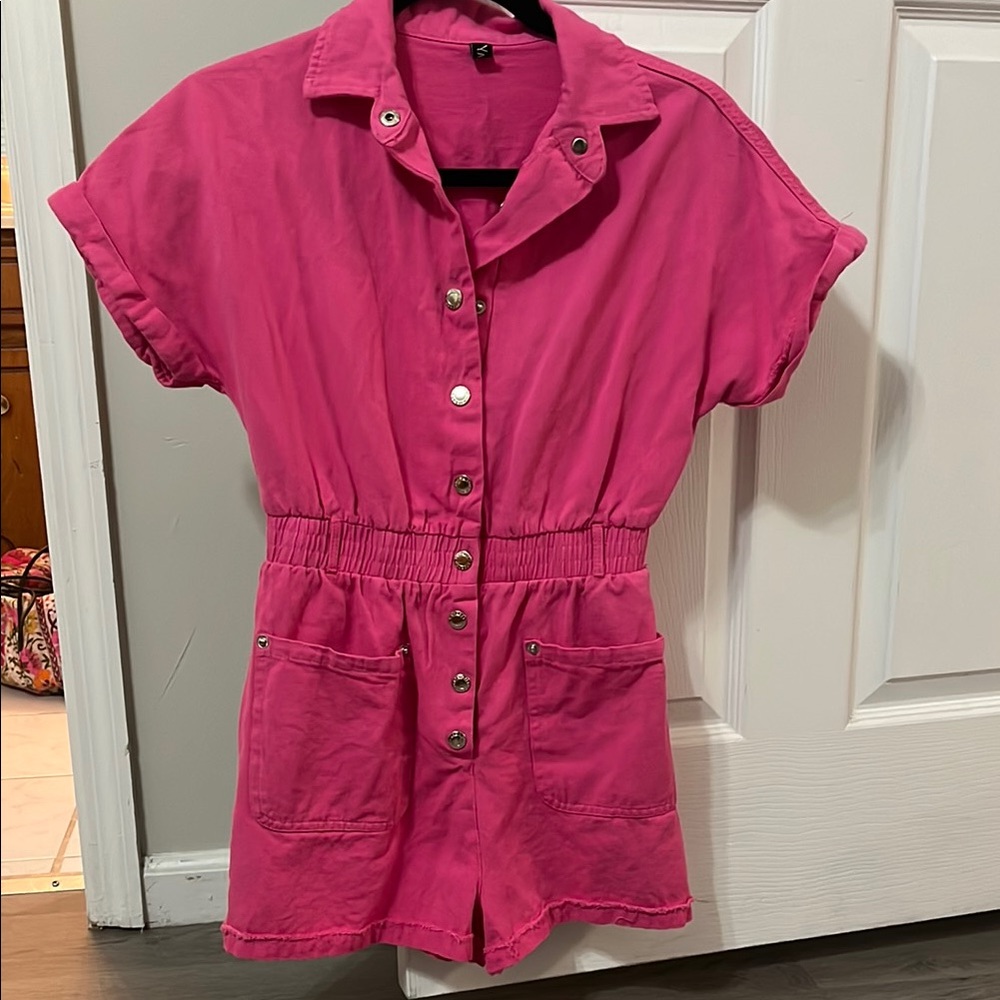 Vibrant Pink Collared Jumpsuit with Elastic Waist